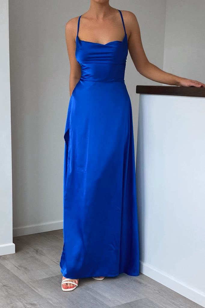 cobalt blue satin dress High Neck Sleeveless Cap Shoulder Satin Maxi Bridesmaid Dress In Cobalt Blue
