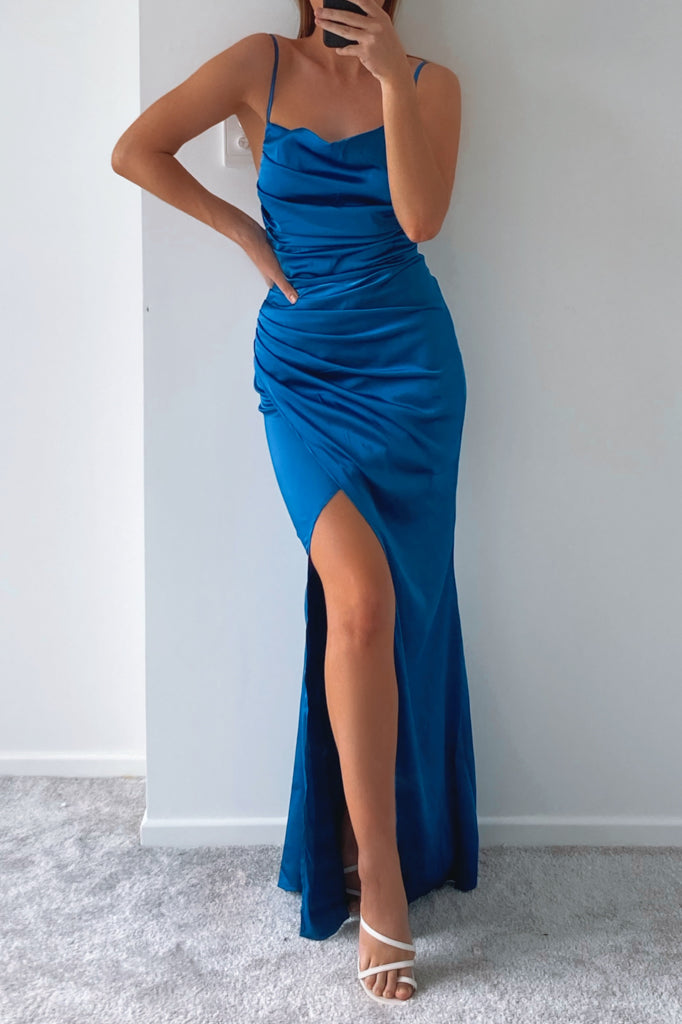 Haisley Satin Dress - Teal Blue