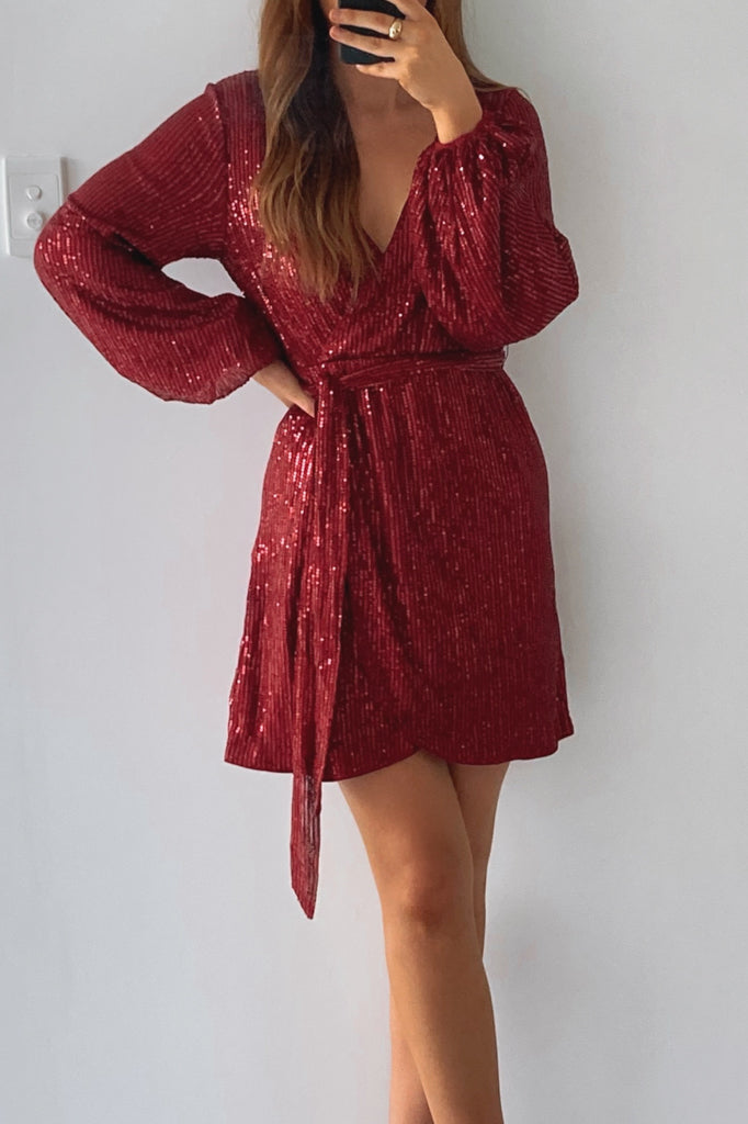 Simone Sequin Dress - Ruby